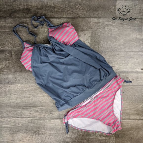 NWOT Small Gray & Pink Stripes Sporty Two Piece Double Up Tankini - Picture 3 of 9